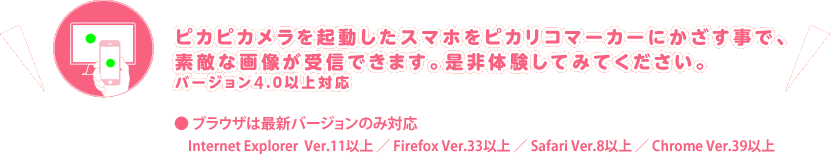 ピカピカメラを起動したスマホをピカピカにかざす事で、素敵な画像が受信できます。是非体験してみてください。バージョン4.0以上対応